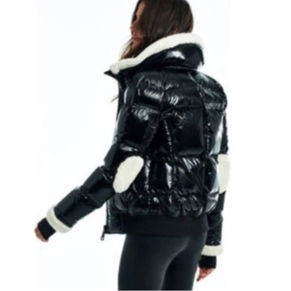 New SAM. Nikki Quilted Down Puffer Lamb Shearling Trim Glossy Black Coat Size S - Picture 11 of 16
